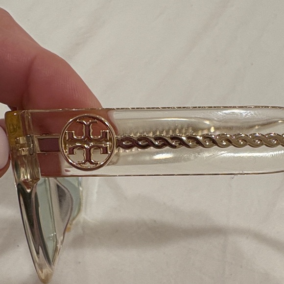 Tory Burch Clear Frame Sunglasses with Light Blue Lenses and Gold Chain Temples - Picture 3 of 7